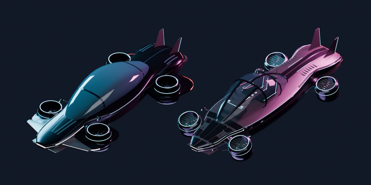 Two Blender renders of the flying car side by side, one with a closed dark canopy in teal and one with a glass canopy in pink, both with ring-shaped fans.
