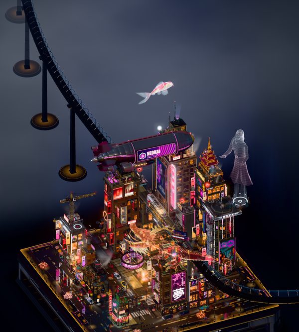 The whole block at night during a lightning flash: a lit cloud deck glows above the airship, with the dragon, the hologram figure and the curved train tube around the towers.