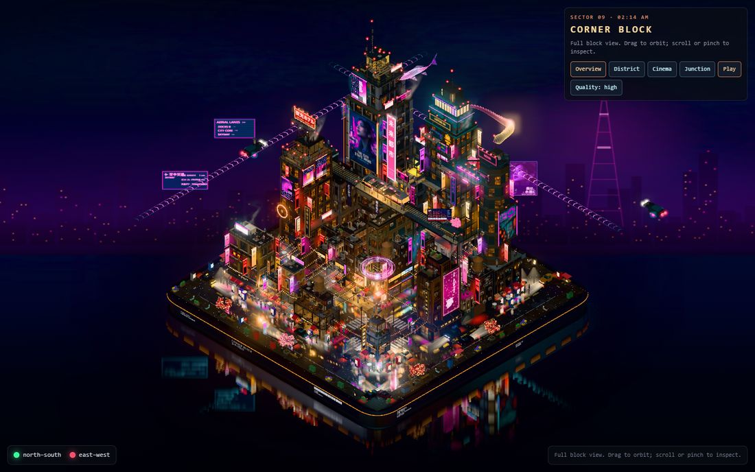 The block at Run 148 against a purple sky backdrop, with boxy flying cars crossing the frame.