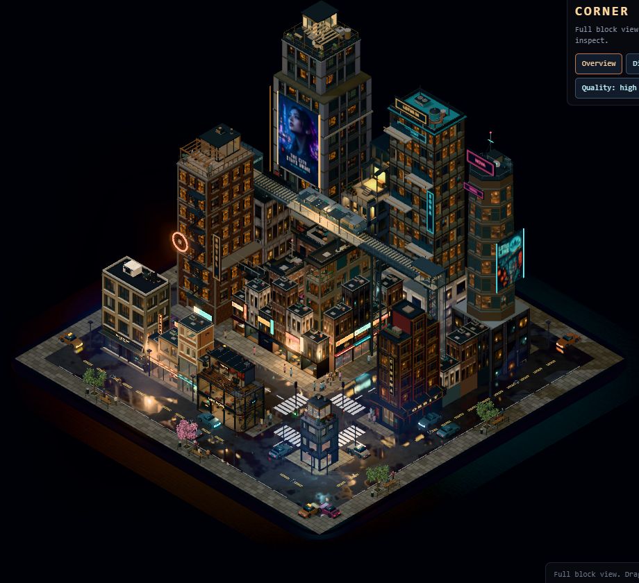 The block at Run 64: brown towers, even lighting and few glowing signs.