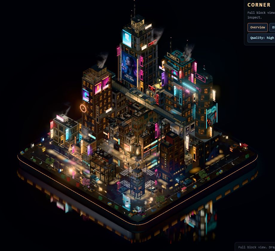 The block at Run 84: a night grade with glowing neon, a lit plinth edge and a mirror floor reflecting the towers.
