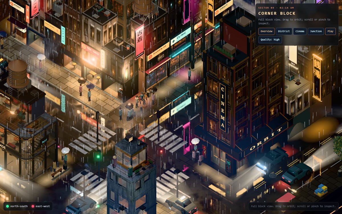 A wet street junction at Run 97: people with umbrellas on a crossing, headlights on the road, and neon signs including CINEMA and ORBIT on the towers.