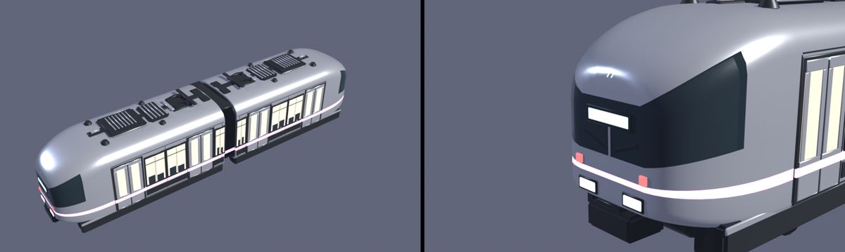 Two Blender renders of the elevated train: the whole two-car train in silver and white, and a close view of the front car with its dark windscreen and white stripe.