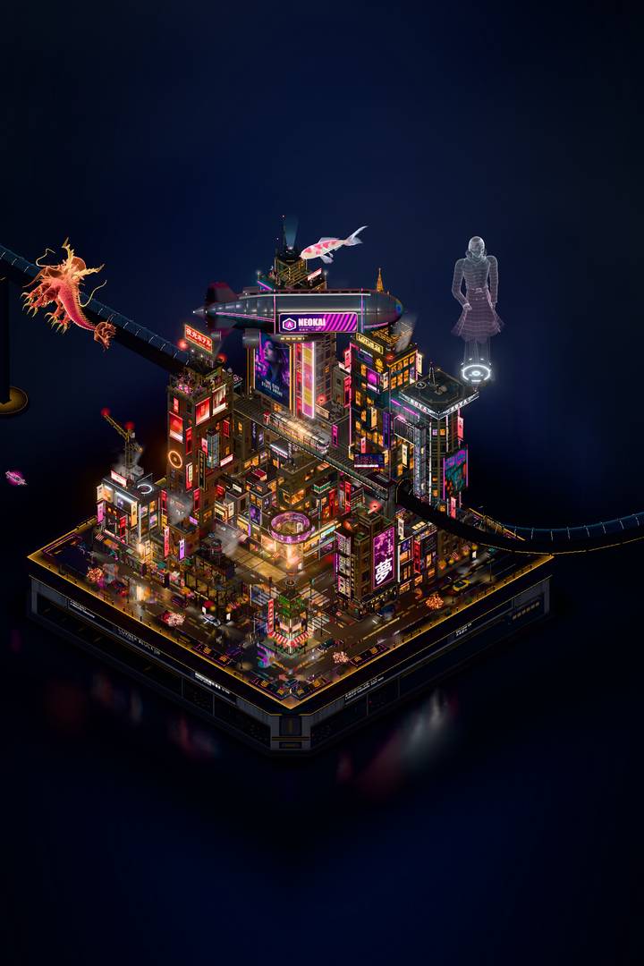 The Corner Block, a neon-lit isometric city block on a dark plinth in the rain: stacked towers covered in signs, a gold pagoda crown, a train viaduct, an airship and a glowing hologram figure, with a koi drifting overhead.