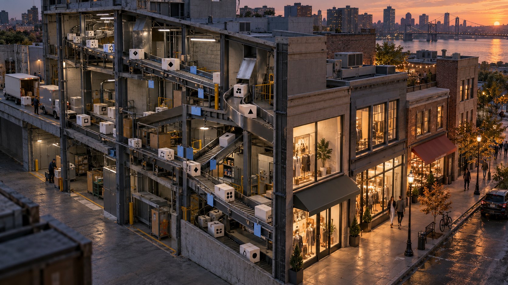 A city block in cutaway: lit shopfronts on one side, and behind them a freight corridor where white parcels ride conveyors between buildings.