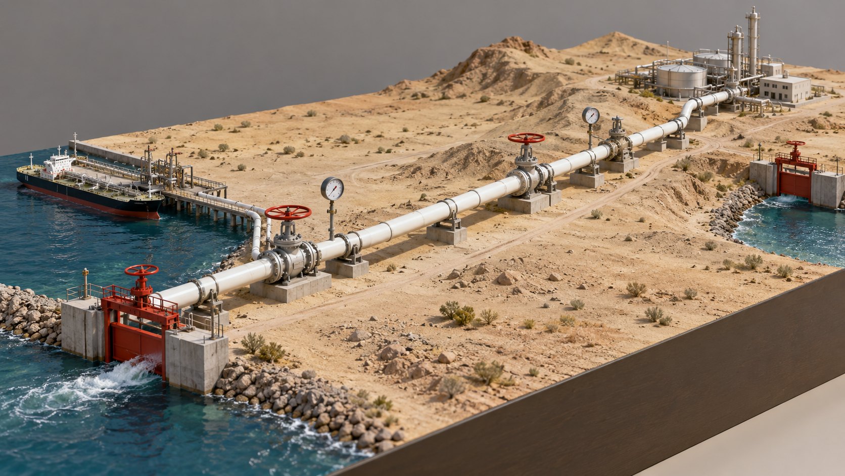 A tabletop model of a white enamel oil pipeline across desert terrain, with gauges and valve wheels, ending at red sea-gates at both ends.