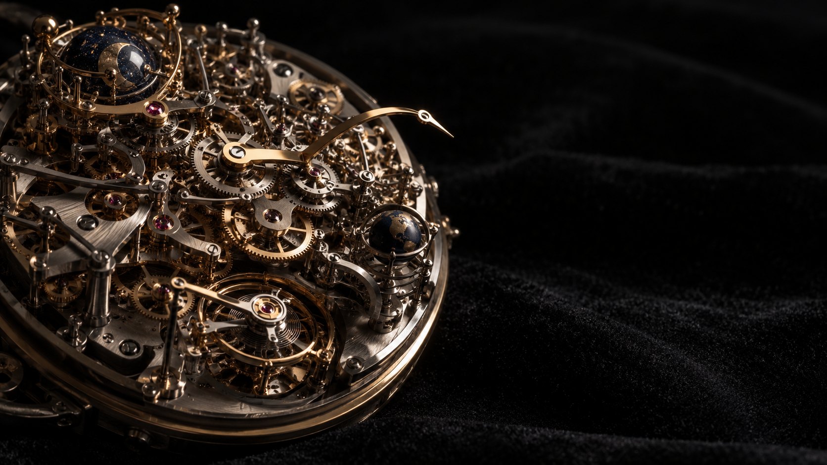 A crowded mechanical watch movement on black velvet, dozens of gears stacked on each other, its single hand bent under the load.
