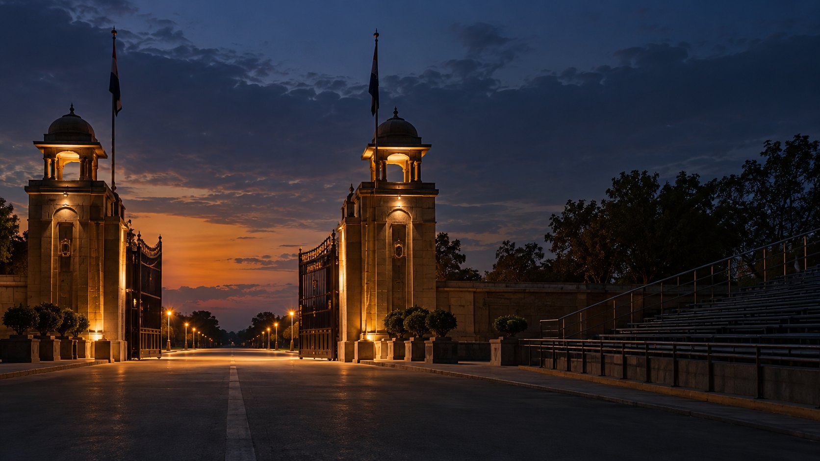 Two mirrored sandstone border gate towers at dusk, floodlit, facing each other across an empty road under a deep blue sky.