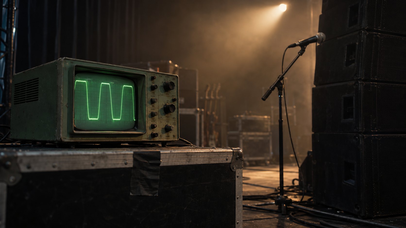 A dark concert stage before a show: an old green oscilloscope on a road case showing a clipped waveform, a microphone facing a tall PA stack.