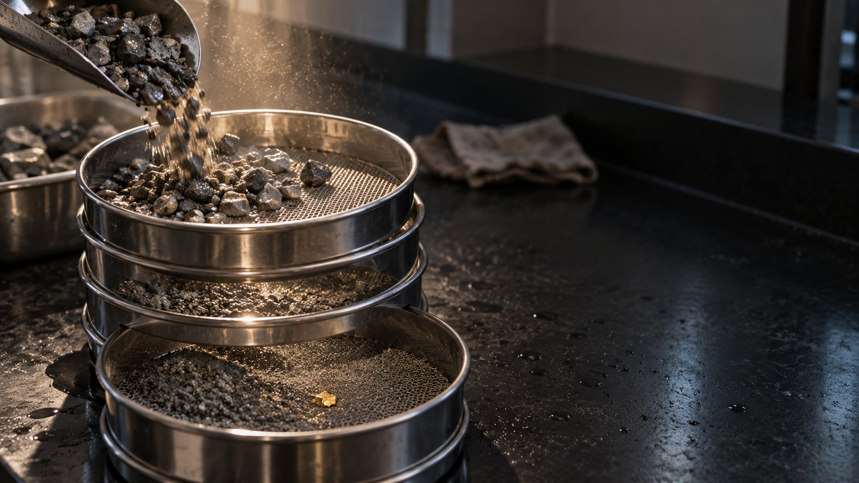 Stainless steel assay sieves on a black bench. Gravel pours in from a scoop, and one small gold flake rests on the finest mesh.