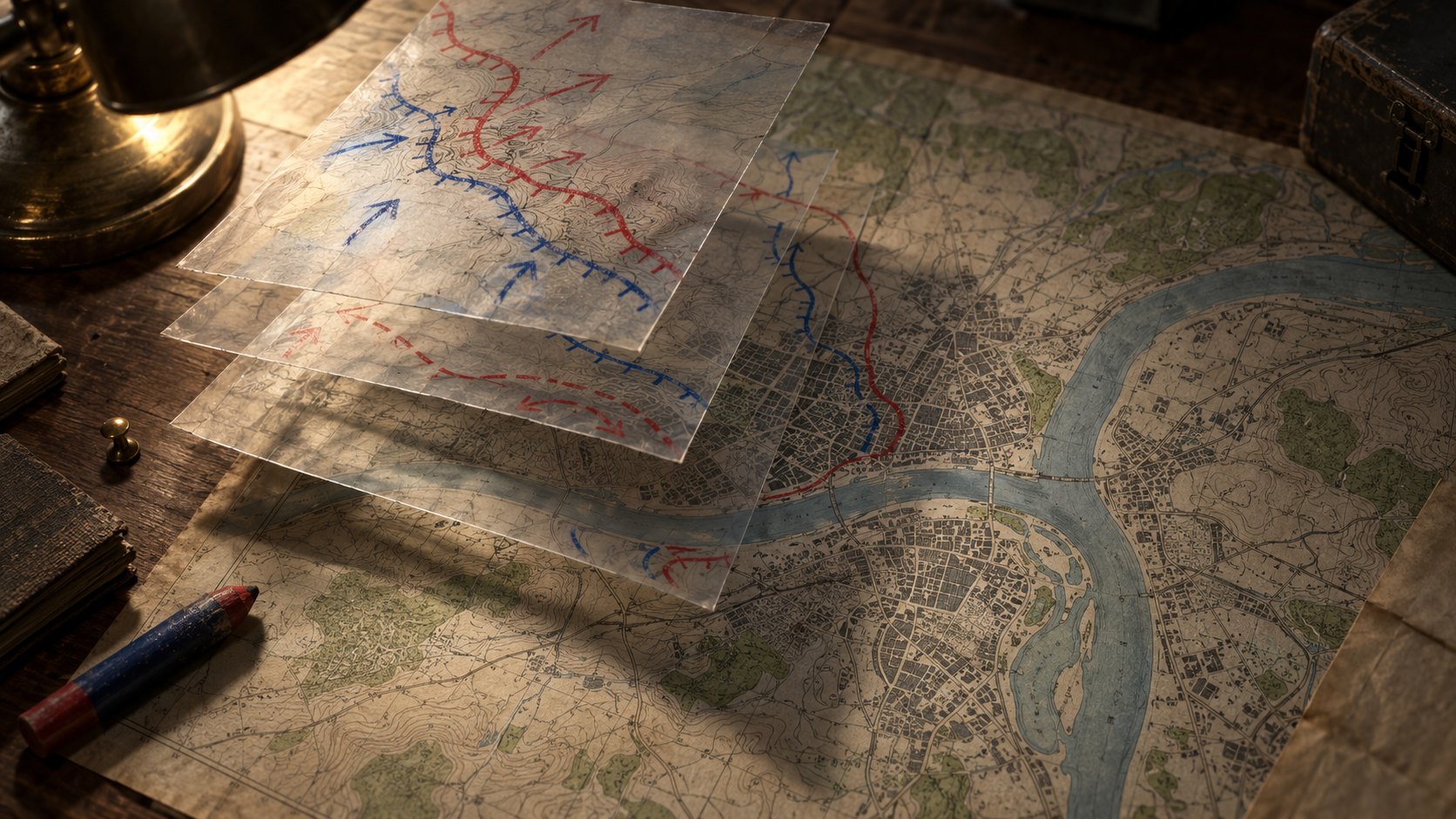 Clear acetate sheets with red and blue grease-pencil front lines lifted above an old topographic map of a river city, lit by a desk lamp.