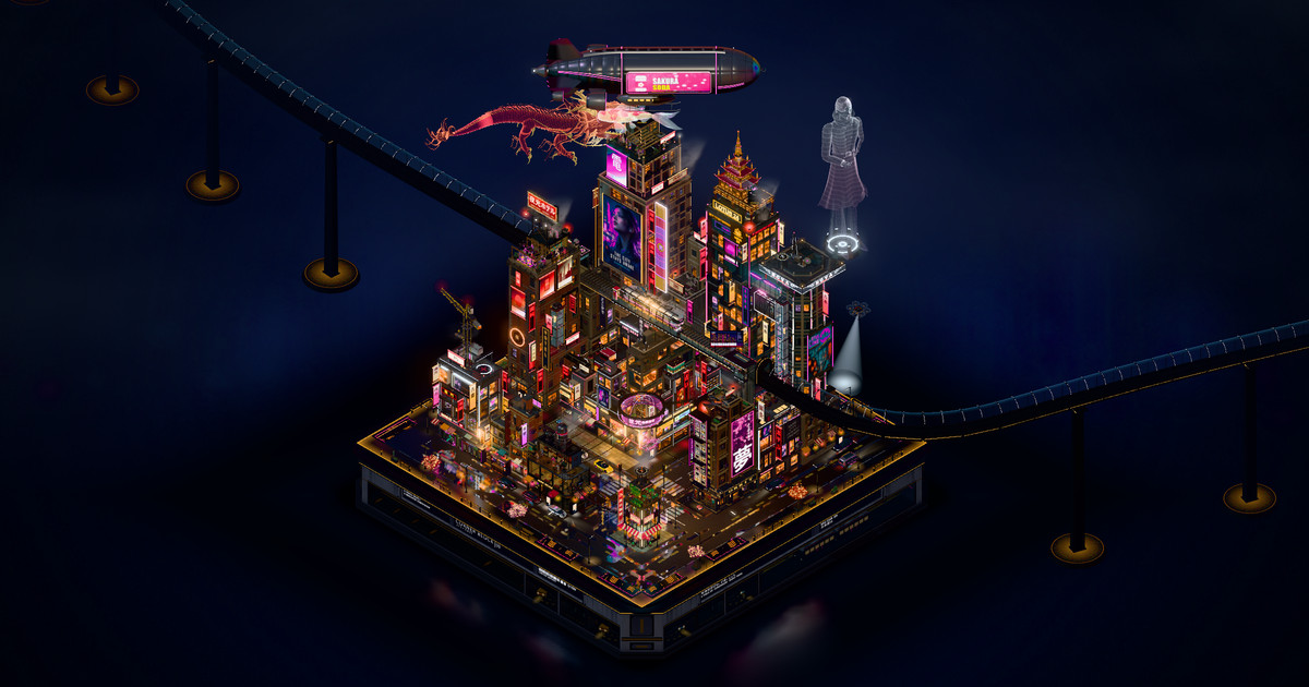 The Corner Block today: a lit isometric cyberpunk city block on a dark plinth, with a red dragon hologram and an airship above the towers and a hologram figure on a rooftop.